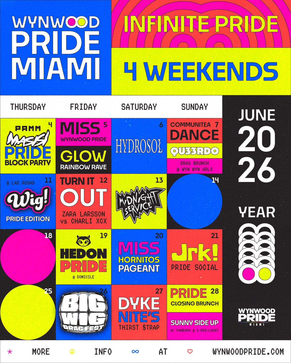 Wynwood Pride Miami 2026 calendar — Infinite Pride, four weekends of events in June